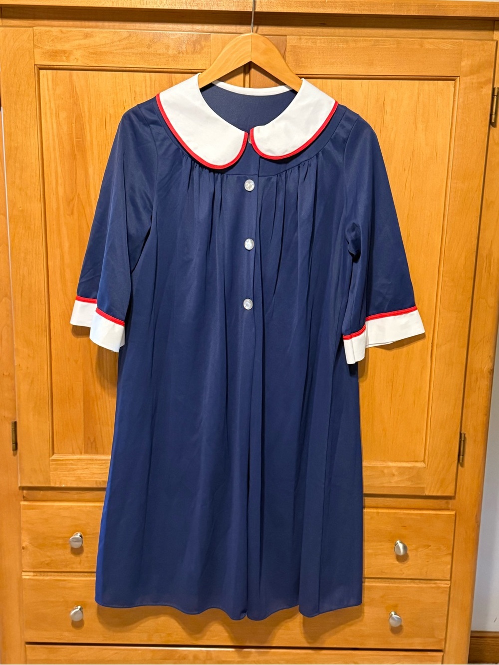 Vintage Dutchmaid Navy Blue Peter Pan Collar Nightgown/Robe White & Red Trim